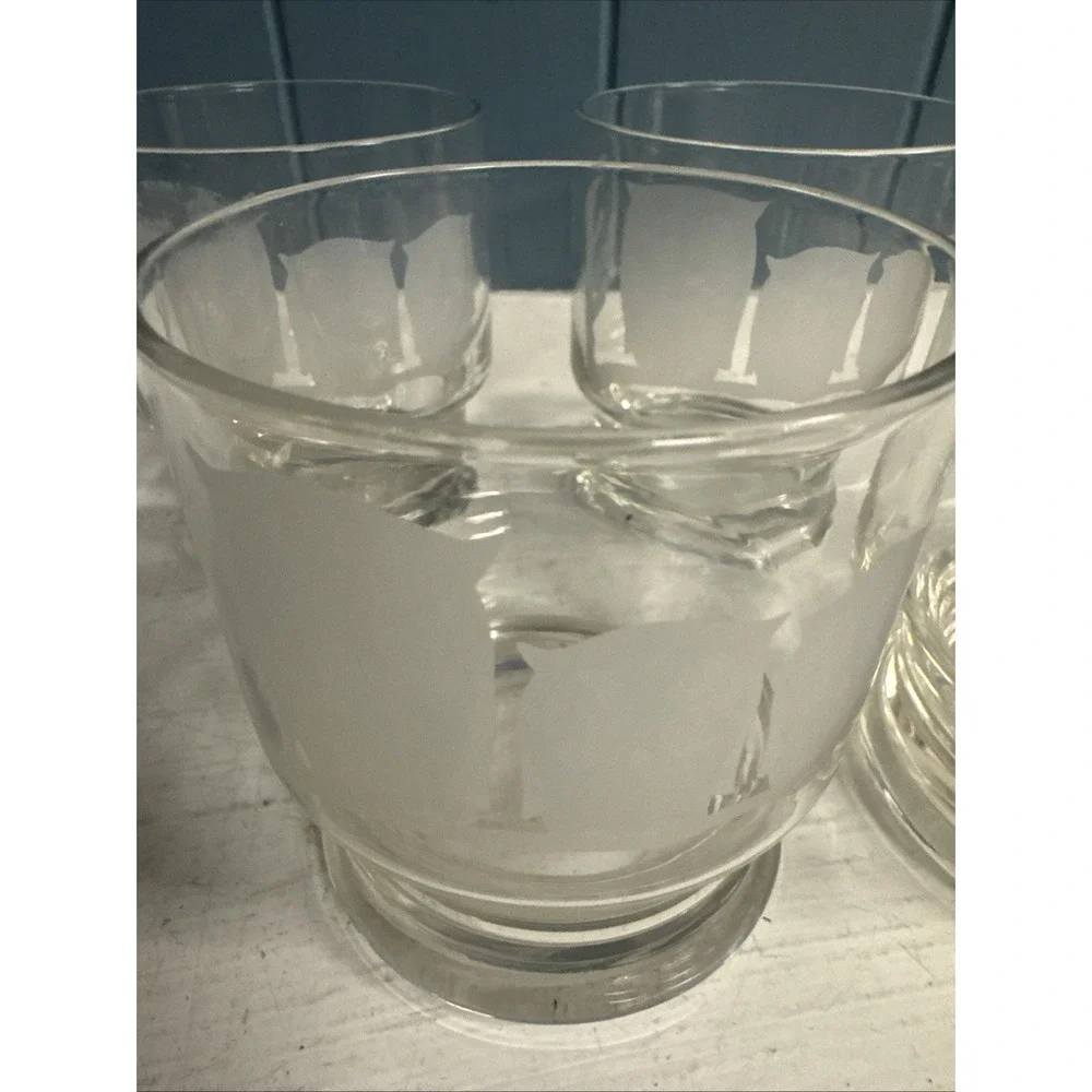 4 Vtg MCM Bonwit Teller Etched‎ Frosted Owls Old Fashioned Tumbler 10 oz Glasses